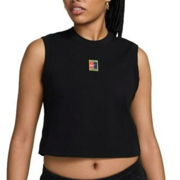 Nike Court Heritage Cropped Tennis Tank Top Black Logo Cotton Size S - Picture 1 of 9